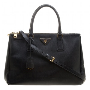 Pre Owned Prada Black Saffiano Lux Leather Medium Double Zip Tote
