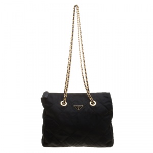Pre Owned Prada Black Quilted Nylon Chain Tote