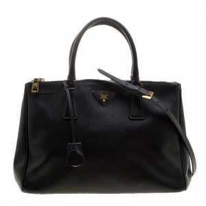 Pre Owned Prada Black Saffiano Lux Leather Medium Double Zip Tote
