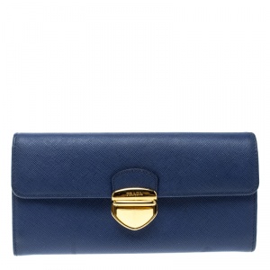 Pre Owned Prada Blue Saffiano Tuc Leather Continental Wallet