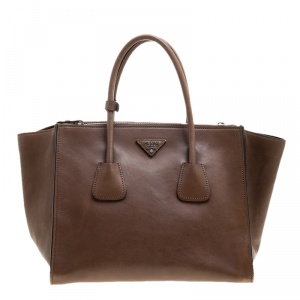 Pre Owned Prada Brown Leather Twin Pocket Double Handle Tote
