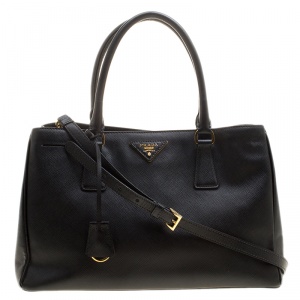 Pre Owned Prada Black Saffiano Lux Leather Medium Double Zip Tote