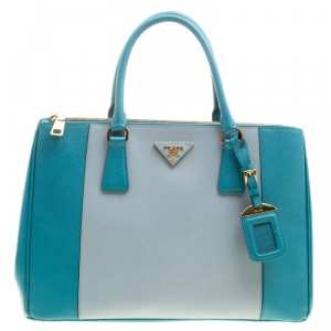 Pre Owned Prada Blue Bicolor Saffiano Lux Leather Medium Double Zip Tote