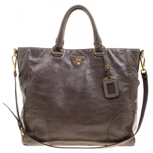 Pre Owned Prada Grey Vitello Shine Leather Tote