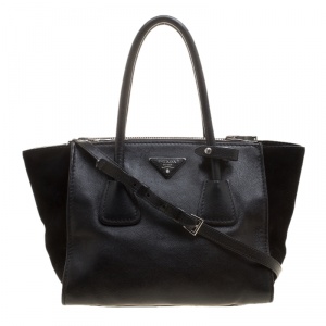 Pre Owned Prada Black Leather And Suede Double Zip Tote
