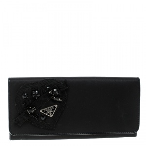 Pre Owned Prada Black Nylon Embellished Continental Wallet