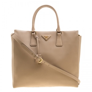 Pre Owned Prada Beige Saffiano Leather North/south Tote 