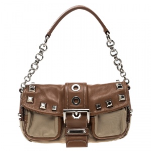 Pre Owned Prada Beige/Tan Nylon and Leather Shoulder Bag