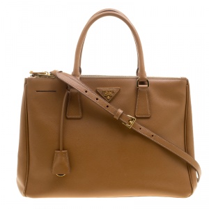 Pre Owned Prada Brown Saffiano Lux Leather Medium Double Zip Tote