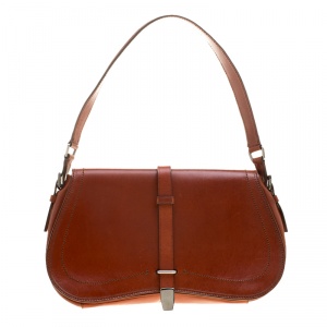 Pre Owned Prada Cognac Leather Flap Shoulder Bag