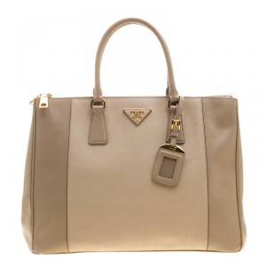 Pre Owned Prada Beige Saffiano Lux Leather Large Double Zip Tote