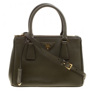 Pre Owned Prada Military Green Saffiano Lux Leather Mini Double Zip Tote