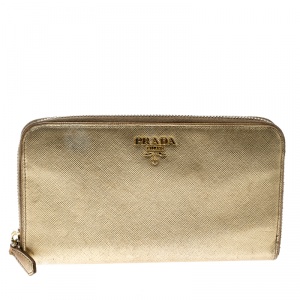 Pre Owned Prada Gold Saffiano Metal Leather Zip Around Wallet