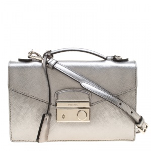 Pre Owned Prada Metallic Silver Saffiano Metal Leather Crossbody Bag