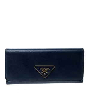 Pre Owned Prada Blue Saffiano Triang Leather Continental Wallet