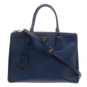 Pre Owned Prada Blue Saffiano Lux Leather Medium Double Zip Tote
