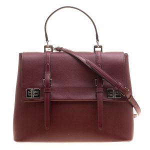 Pre Owned Prada Burgundy Saffiano Lux Leather Top Handle Bag