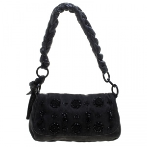 Pre Owned Prada Black Denim Embellished Braided Shoulder Bag