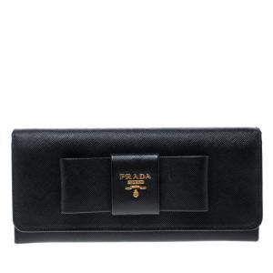 Pre Owned Prada Black Saffiano Leather Bow Continental Wallet