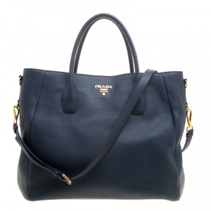 Pre Owned Prada Navy Blue Vitello Daino Leather Shopper Tote