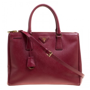 Pre Owned Prada Burgundy Saffiano Lux Leather Medium Double Zip Tote