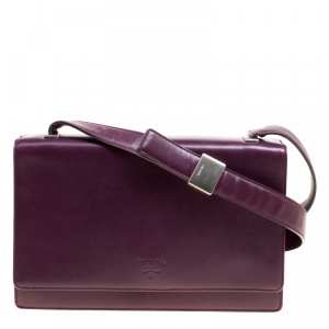 Pre Owned Prada Purple Leather Flap Shoulder Bag