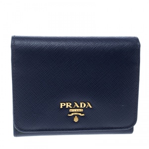 Pre Owned Prada Blue Saffiano Metal Leather Tri Fold Wallet 