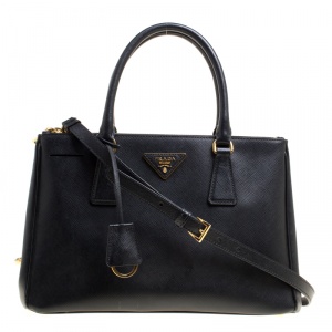 Pre Owned Prada Black Saffiano Lux Leather Small Double Zip Tote