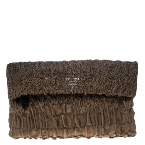Pre Owned Prada Brown Cloquet Fabric Folders Clutch