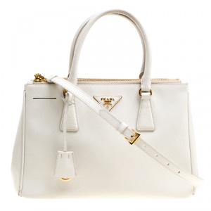 Pre Owned Prada White Saffiano Lux Leather Medium Double Zip Tote