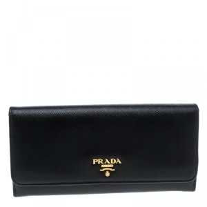 Pre Owned Prada Black Saffiano Leather Continental Wallet