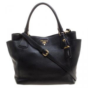 Pre Owned Prada Black Vitello Daino Leather Shopper Tote