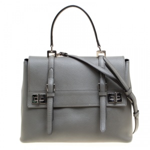 Pre Owned Prada Grey Saffiano Cuir Leather Double Turn Lock Satchel