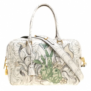 Pre Owned Prada Multicolor Rabbit Print Leather Top Handle Bauletto Bag