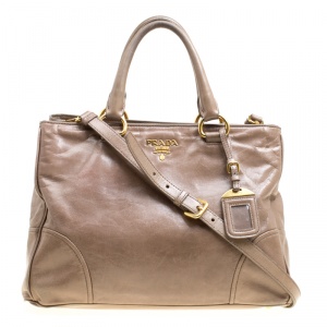 Pre Owned Prada Dark Beige Vitello Shine Leather Top Handle Bag
