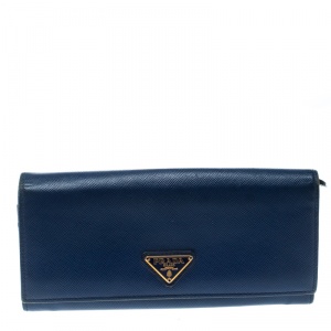 Pre Owned Prada Blue Saffiano Leather Continental Wallet