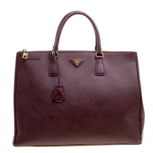 Pre Owned Prada Burgundy Saffiano Lux Leather Executive Double Zip Tote