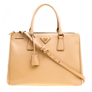 Pre Owned Prada Beige Saffiano Lux Leather Medium Galleria Double Zip Top Handle Bag