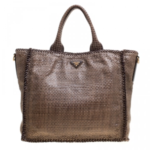 Pre Owned Prada Dark Beige Woven Leather Large Madras Tote