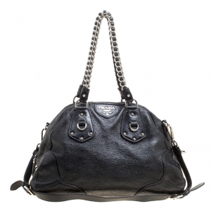 Pre Owned Prada Black Shimmering Leather Top Handle Bag