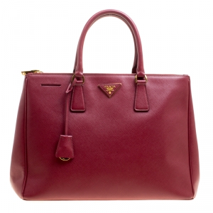 Pre Owned Prada Burgundy Saffiano Lux Leather Large Double Zip Tote
