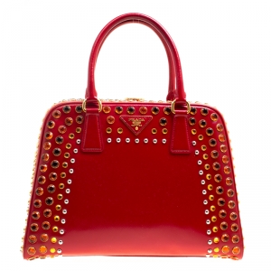 Pre Owned Prada Blush Pink/Red Patent Leather Pyramid Frame Top Handle Bag