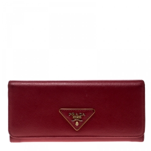Pre Owned Prada Red Saffiano Leather Continental Wallet