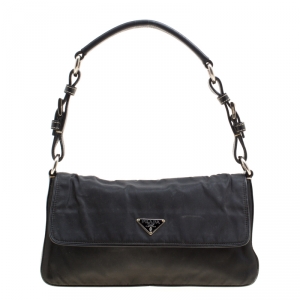 Pre Owned Prada Black Nylon and Leather Flap Shoulder Bag