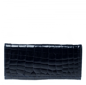 Pre Owned Prada Blue Croc Embossed Leather Continental Wallet 