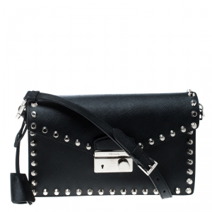 Pre Owned Prada Black Leather Studded Shoulder Bag