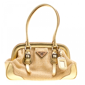 Pre Owned Prada Beige/Gold Woven Raffia and Leather Satchel