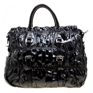 Pre Owned Prada Black Gaufre Patent Leather Tote