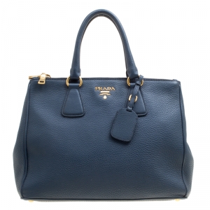 Pre Owned Prada Blue Vitello Daino Leather Double Zip Top Handle Bag