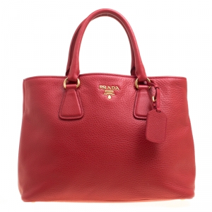 Pre Owned Prada Red Vitello Daino Leather Top Handle Bag